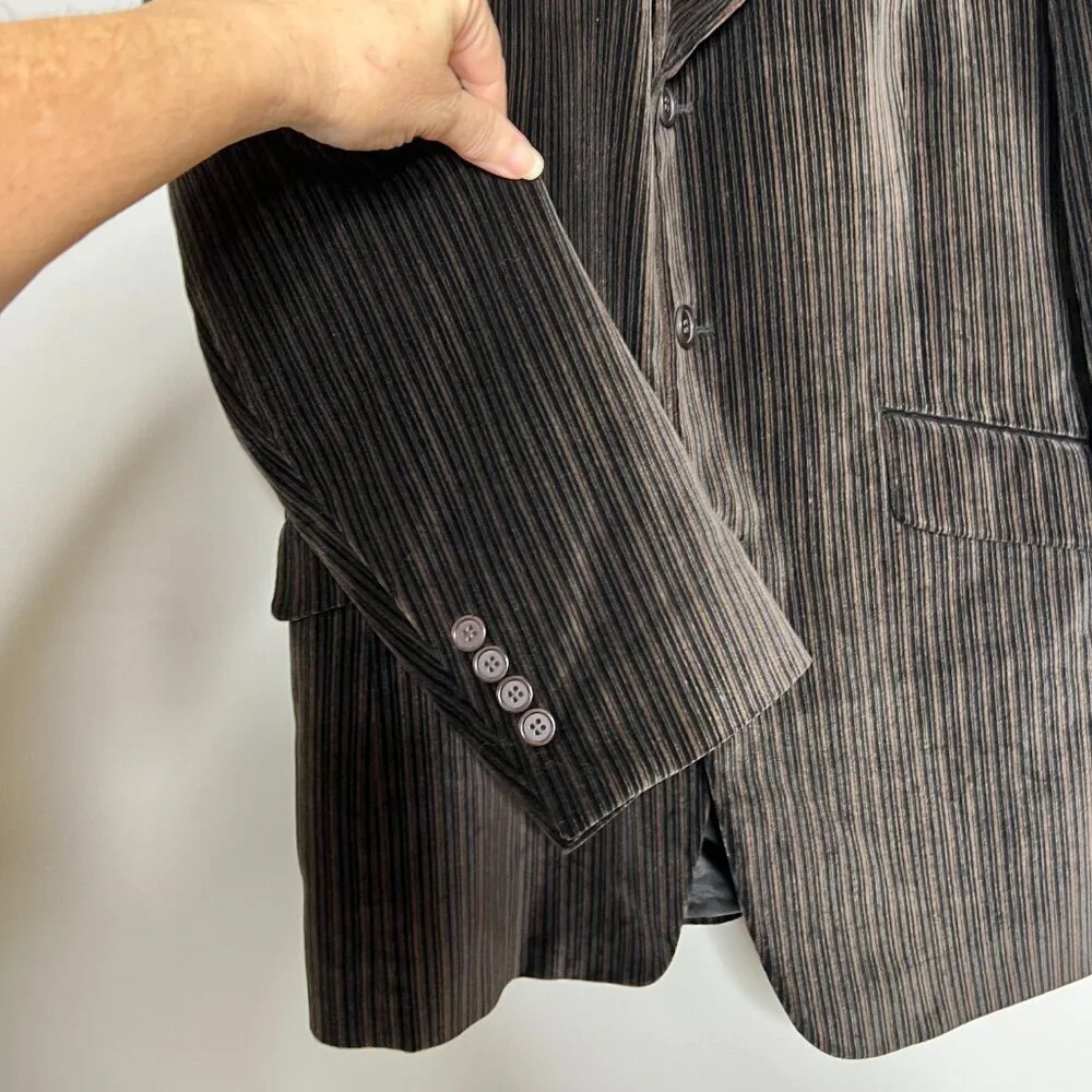 Adolfo Mens Velvet‎ Blazer 42S Brown Striped 3 Button Winter Collegiate Business